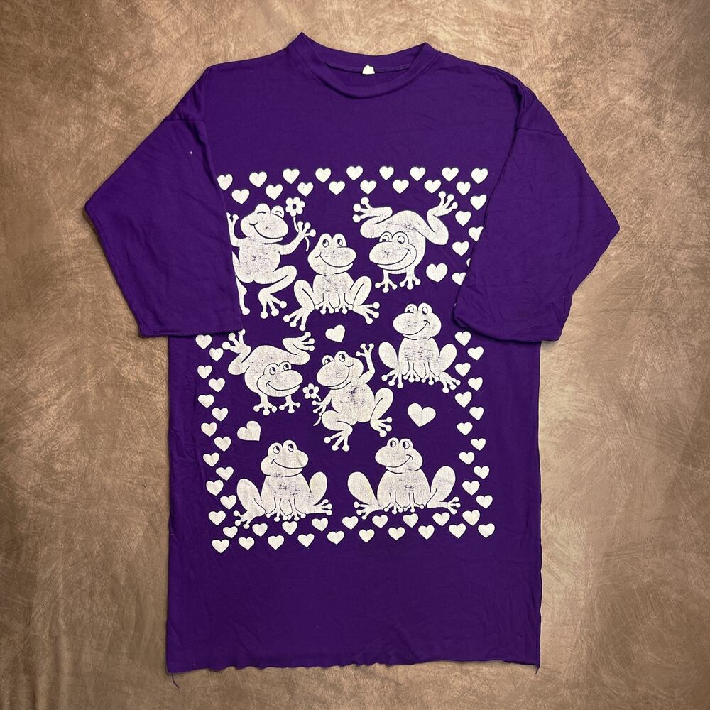 Vintage 90s Purple Frog Heart Graphic Print Long Sleeve T-Shirt Dress Teacher